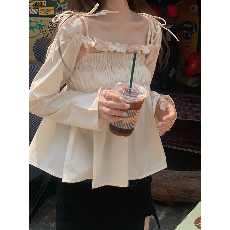 Ái tay dài trễ vai hai mảnh mỏng xếp ly | BigBuy360 - bigbuy360.vn