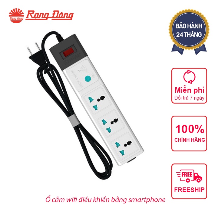 Ổ cắm thông minh wifi Rạng Đông dây 3m, 5m chịu tải cao Model OC02.WF 3C