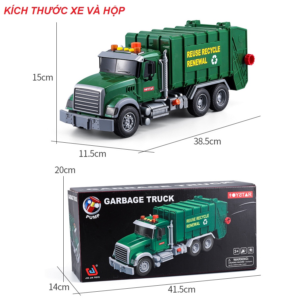 Xe ô tô chở rác loại lớn màu xanh có âm thanh và đèn tặng kèm 3 thùng rác mini