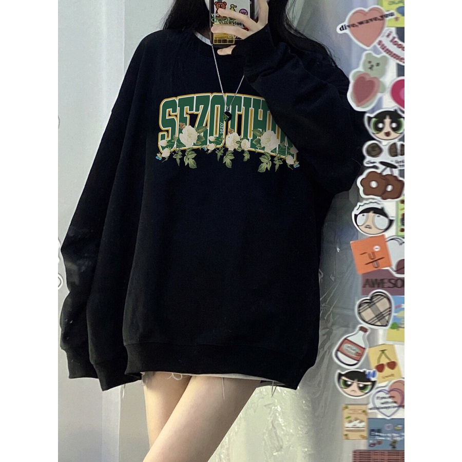 Áo Nỉ oversize Cổ Tròn In Họa Tiết Phong Cách retro Đường Phố Mỹ