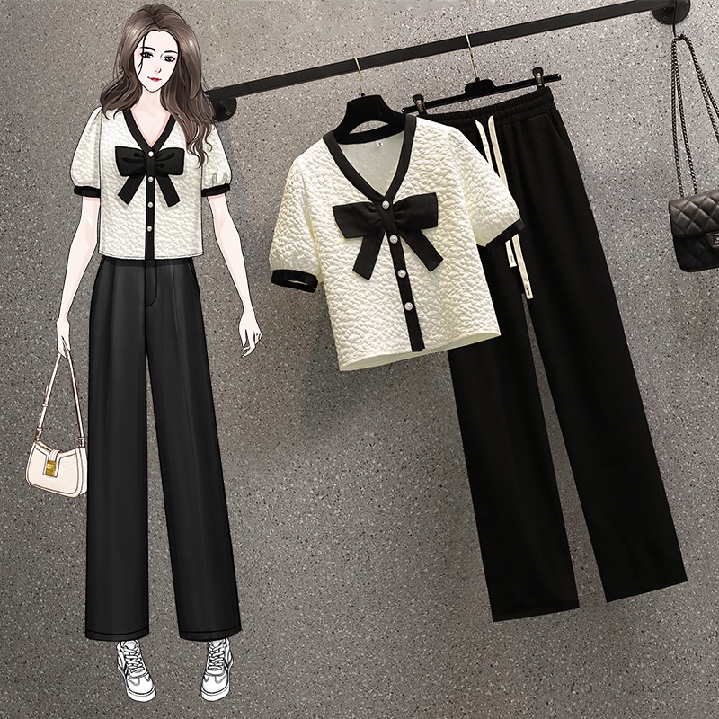 🌸Hàng Order🌸Sét Váy Đầm Bigsize Áo In 3D Nơ Ngực Cúc Ngọc Phối Quần Ống Xuông Tiểu Thư Nữ Tính🌸Hàng Quảng Châu