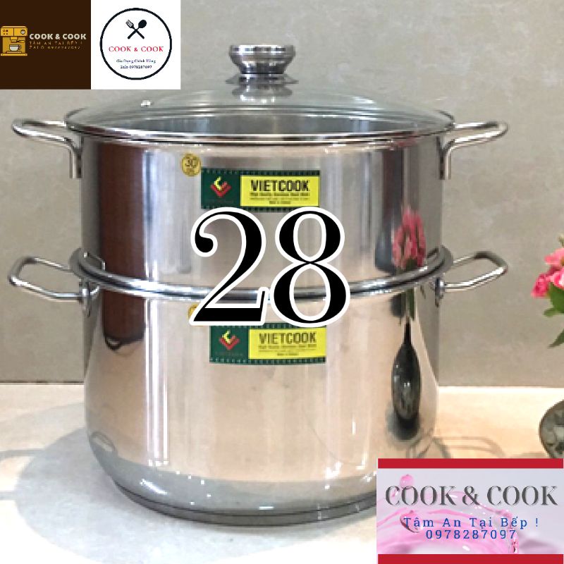 [CHÍNH HÃNG] Bộ xửng hấp inox size 28 Vietcook (nồi 10 lít) đáy từ, Chõ hấp, đồ xôi inox 4 đến 5 kg gạo