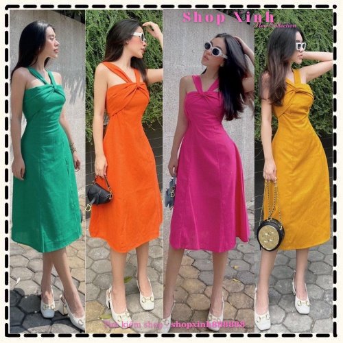 Đầm Đan Dây Chéo Ngực 4 Màu ( Xanh/Hồng/Cam/Vàng), Váy Chéo Ngực Xinh Xắn Dự Tiệc