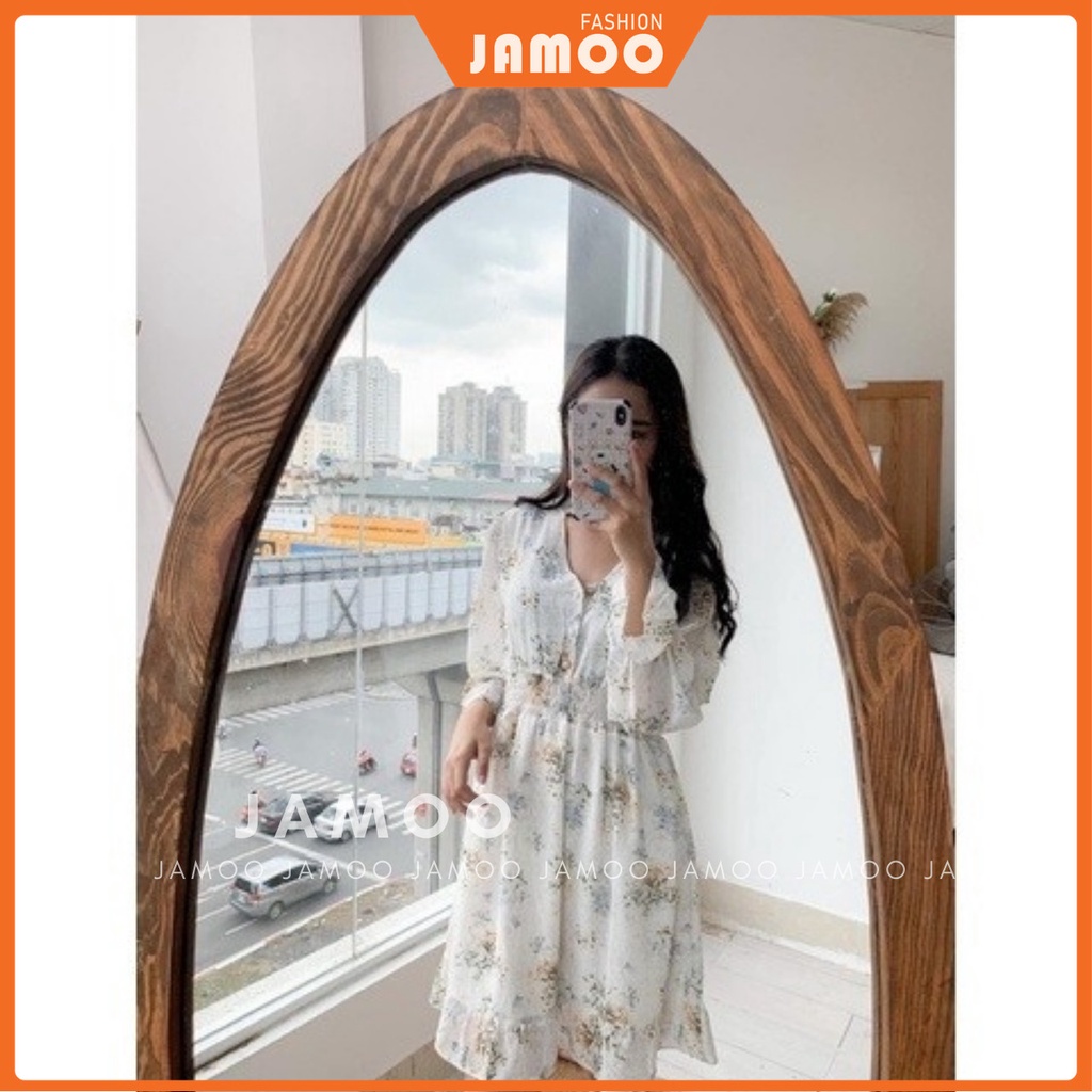Váy hoa nhí vintage cổ V nền trắng be hoa xinh