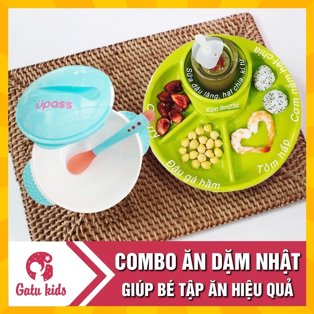 Combo ăn dặm: 1 Khay ăn 4 ngăn Inomata và 1 Bát chống đổ kèm thìa báo nóng UPASS