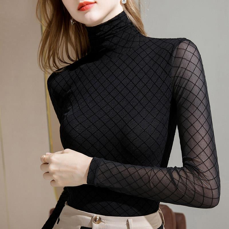 Áo Lưới Chiffon Tay Dài Cổ Cao Phong Cách Hàn Quốc Quyến Rũ Dành Cho Nữ