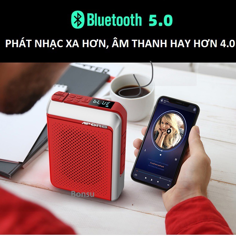 Loa trợ giảng Aporo T18 2.4G cài áo không dây chính hãng có Bluetooth