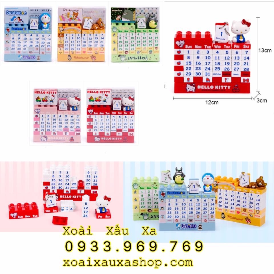 Bộ mô hình lịch mini Lego lắp ráp hoạt hình Kitty, Đoraemon, Totoro...12*13cm