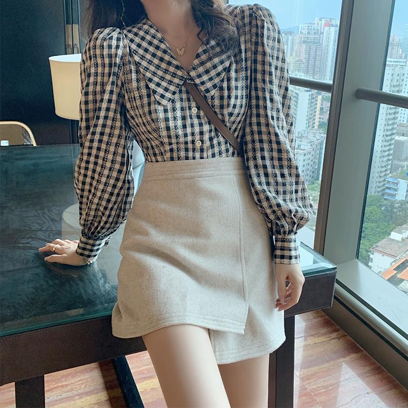Áo sơ mi BH họa tiết caro tay dài phong cách cổ điển Hàn Quốc xinh xắn cho nữ