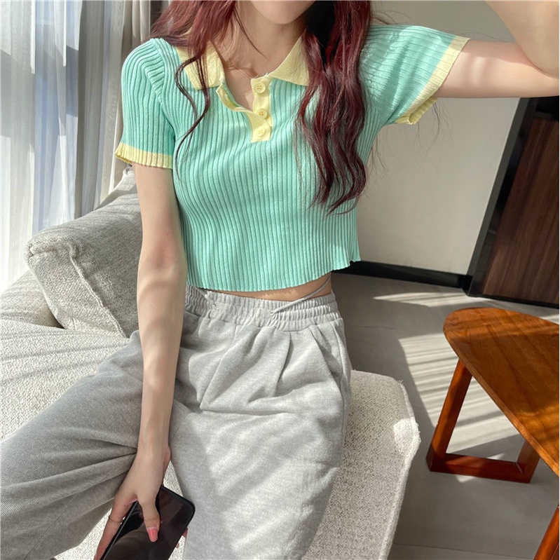 Áo thun dệt kim IELGY tay ngắn cổ polo dáng ôm thời trang cho nữ