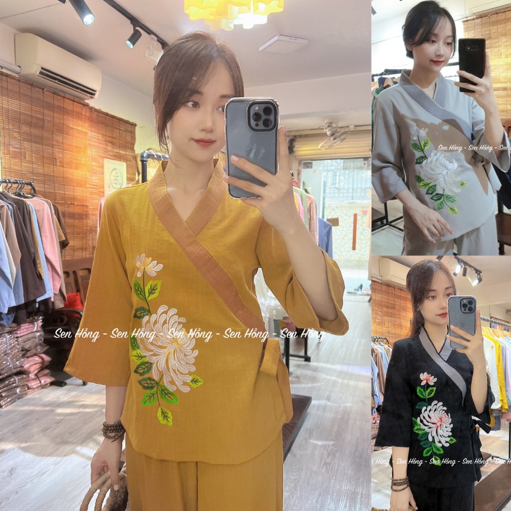 Đồ lam đi chùa cúc thêu thủ công - thời trang Phật tử vải đũi Nhật sang xịn 3 màu đen, tráng, xám