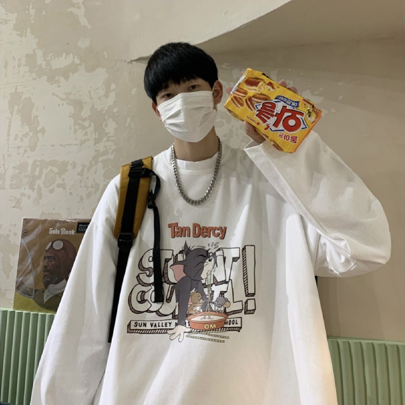 Áo thun tay dài cổ tròn dáng rộng in họa tiết hoạt hình phong cách Hàn Quốc thời trang mùa đông cho nam size M-5XL
