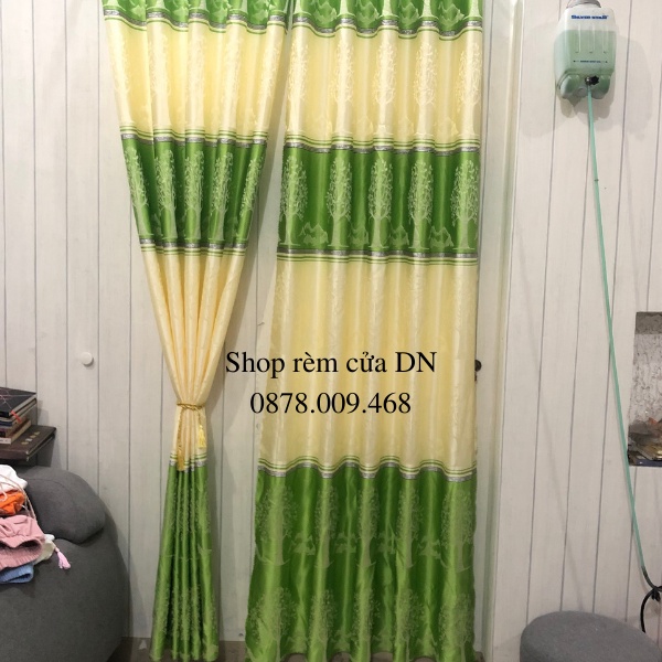 Rèm vải gấm thổ cẩm hoa văn kẻ sọc màu xanh lá cây siêu đẹp miễn phí công may.