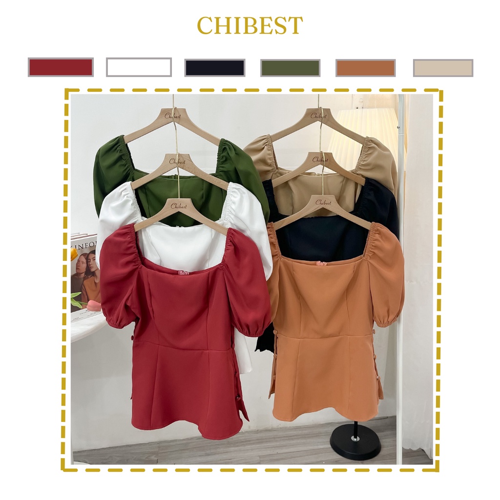 Áo Kiểu cổ vuông nút bọc viền hông phối tay phồng CHIBEST DAB710