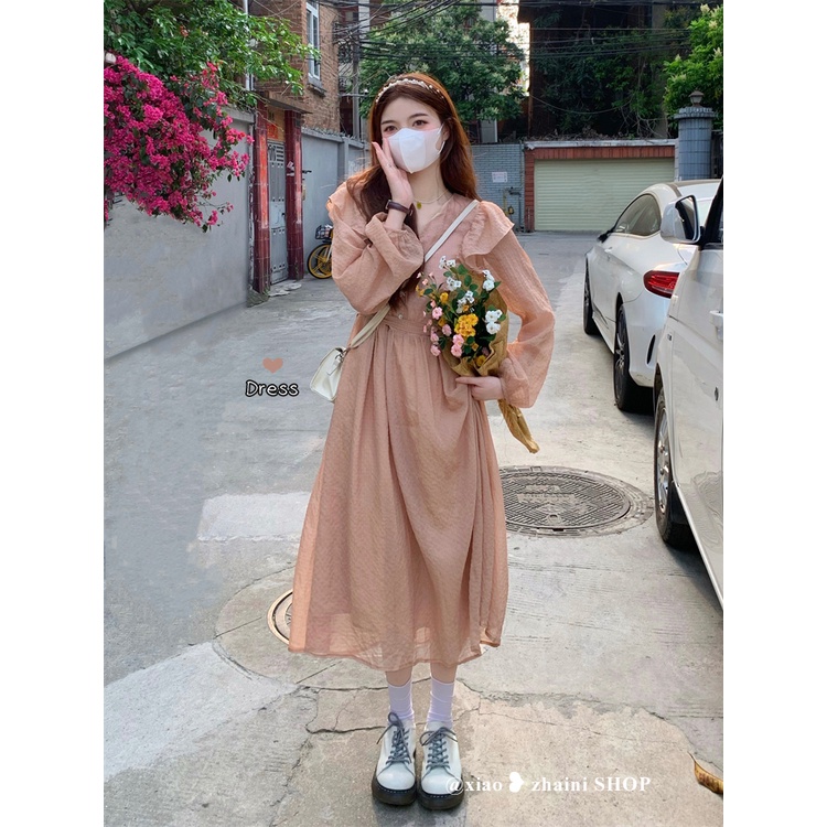 (ORDER) Váy voan nhăn dài tay màu hồng nhẹ nhàng vintage phối bèo vai cổ V điệu đà