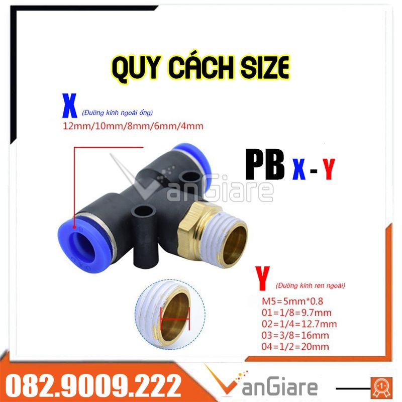 Đầu nối nhanh khí nén 3 ngã kiểu T ren ngoài PB cho ống 4mm 6mm 8mm 10mm 12mm