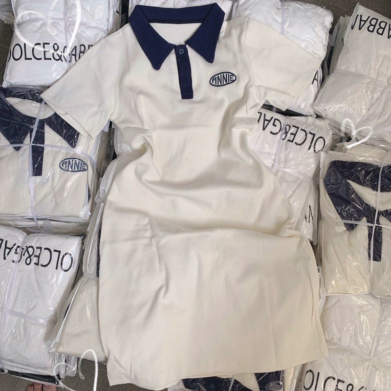 [Mã WAMT1505 giảm 10K đơn 0K] Đầm thun ôm suông trắng cổ polo xanh có thêu logo D3 | BigBuy360 - bigbuy360.vn