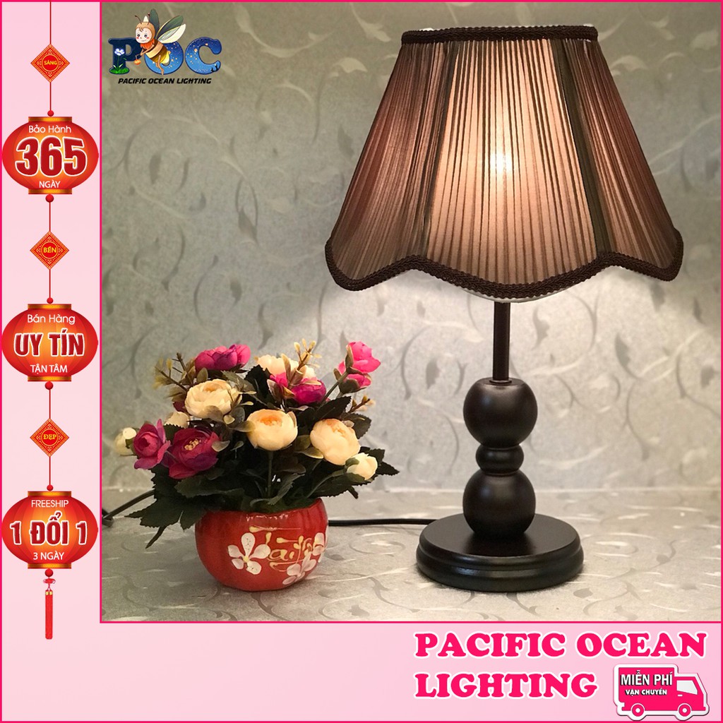 Đèn ngủ để bàn thân gỗ POC MB-6110 Đèn bàn chao vải lụa bền đẹp