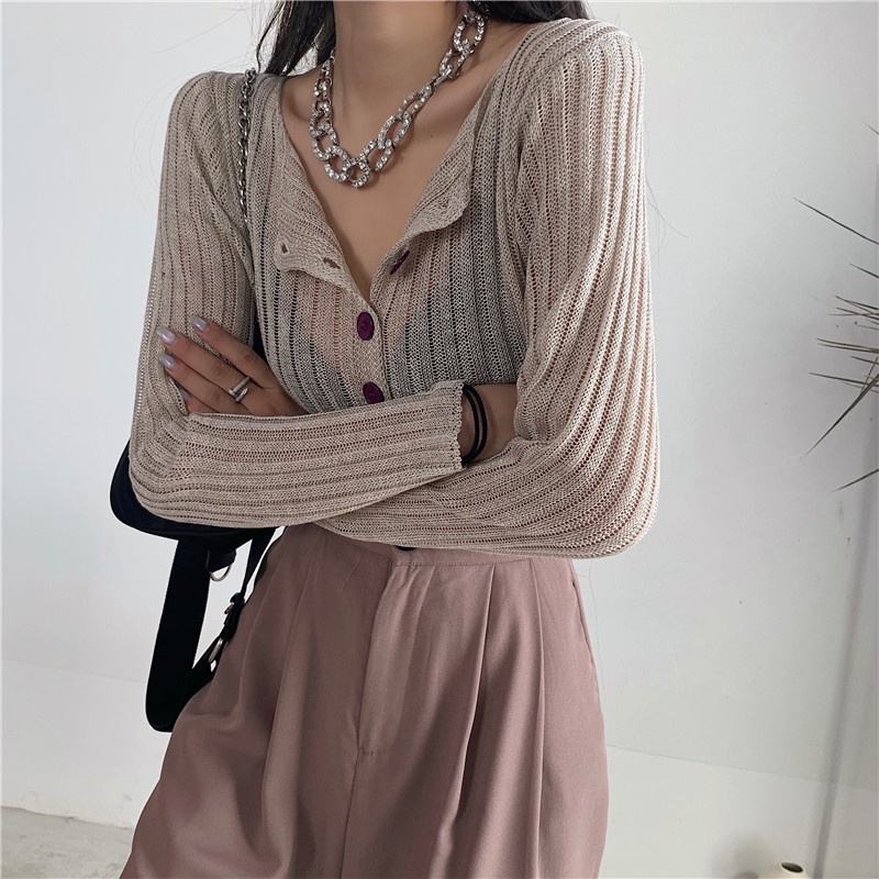 Áo Cardigan Dệt Kim Mỏng Dáng Ôm Phong Cách Hong Kong Cho Nữ
