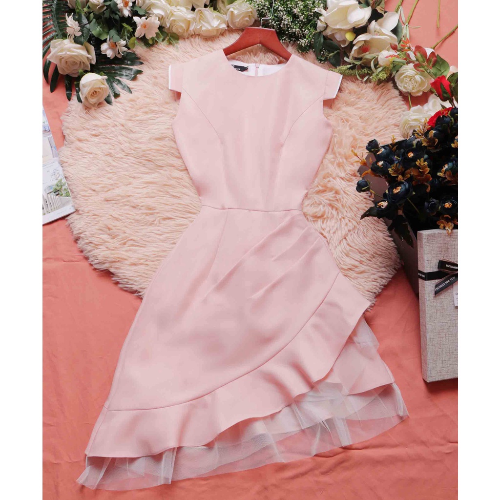 Đầm dự tiệc hồng xinh xòe đuôi cá thiết kế sang chảnh sát nách thời trang nữ đi tiệc đi chơi phối tùng lưới – Lux W