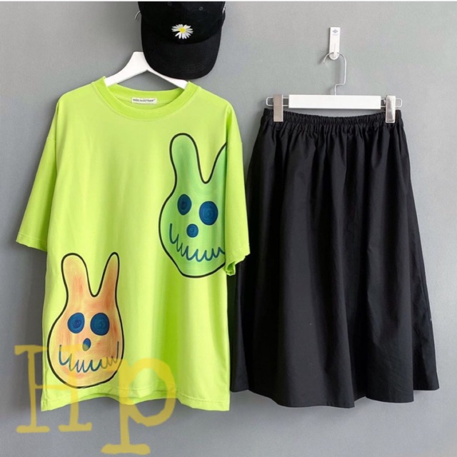 Sét 2 mặt thú xanh hồng+ chân váy đen THM960