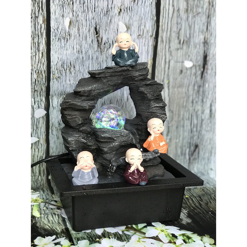 THÁC NƯỚC MINI ĐỂ BÀN – THUỶ LUÂN + 4 Chú Tiểu [BH 1 tháng]