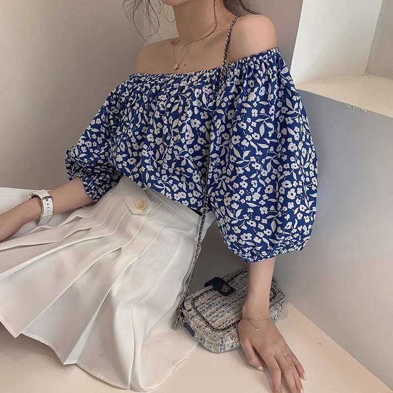 ÁO TRỄ VAI NỮ áo kiểu bệt vai họa tiết hoa lá dễ thương XONXEN SHOP freesize mã 8828