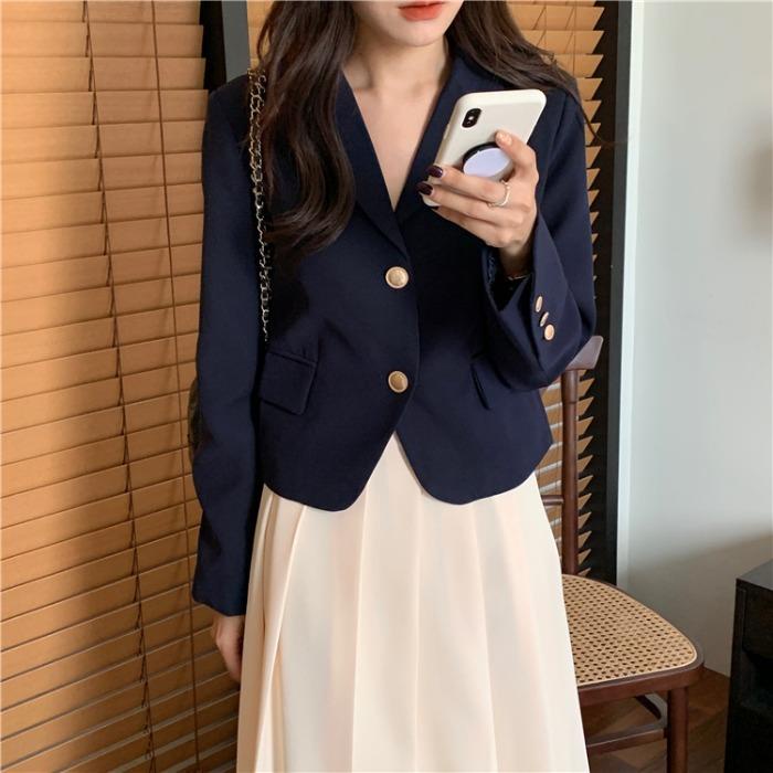♂◑Pphome Set áo khoác ngắn cổ bẻ + chân váy xếp ly thời trang thanh lịch và thông minh cho nữ