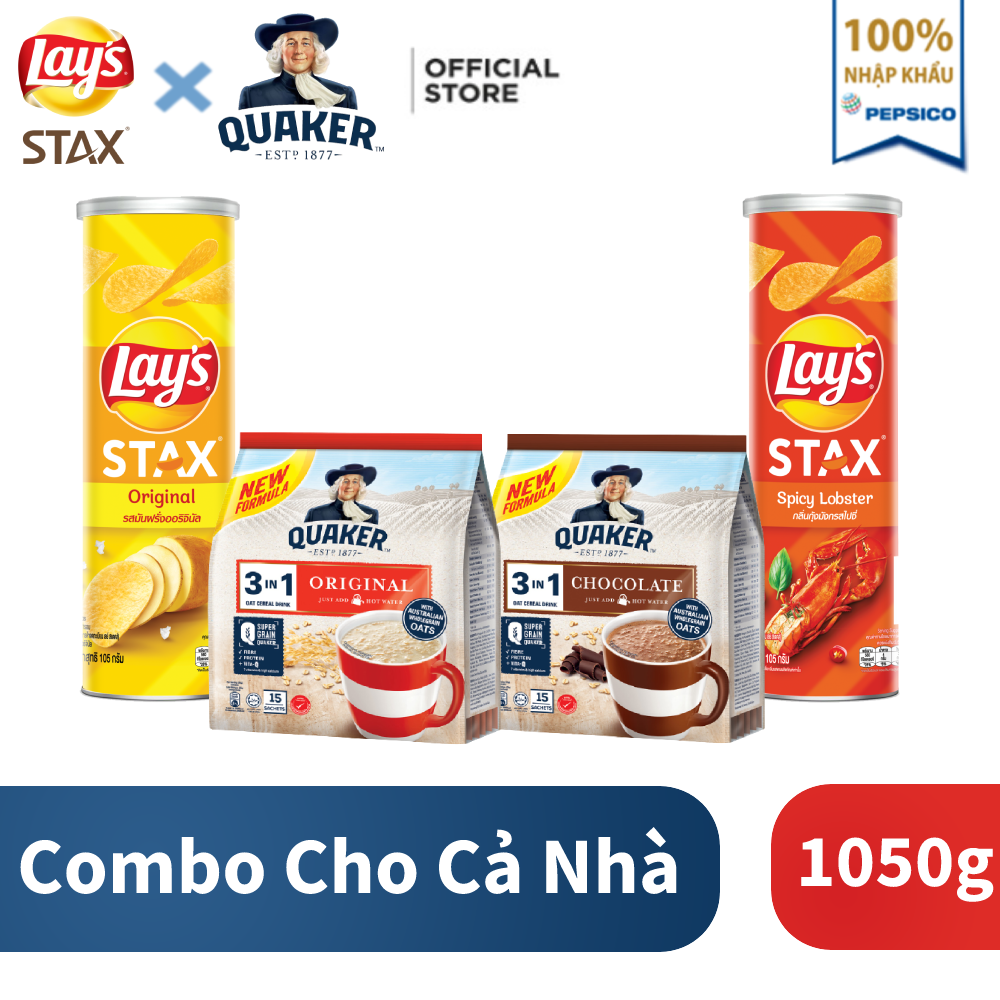 Combo:2 túi yến mạch Quaker 3in1 vị Chocolate &amp; Truyền Thống + 2 hộp Lay's Stax Thái vị Tôm Hùm Nướng &amp; Tự Nhiên