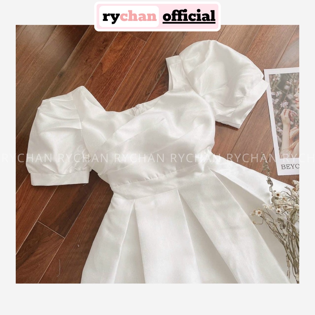 Đầm Xòe Trắng Tay Phồng Đắp Ngực Xếp Ly Lót Trong Dày Dặn [Ảnh Thật Cuối] - DX9695