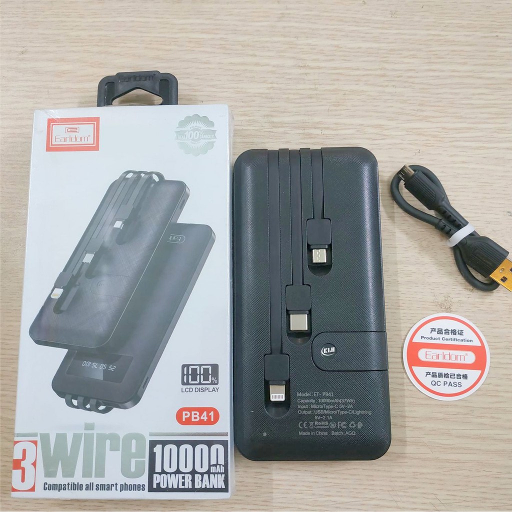 Sạc dự phòng 10000mAh Earldom PB41, pin tích điện dung lượng cao kèm 3 đầu cáp KLH shop