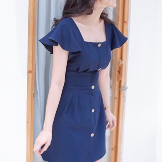 Đầm váy xanh cổ U tay bèo (kèm hình thật)