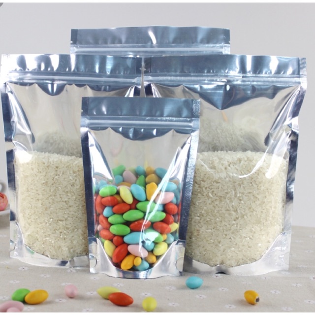 Túi zipper bạc đáy đứng 85k/kg, Túi zip ghép đựng thực phẩm khô, trưng bày.