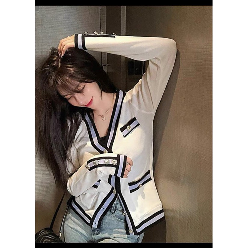 Áo cardigan len mỏng dệt kim kẻ viền phong cách Hàn Quốc  - AL290