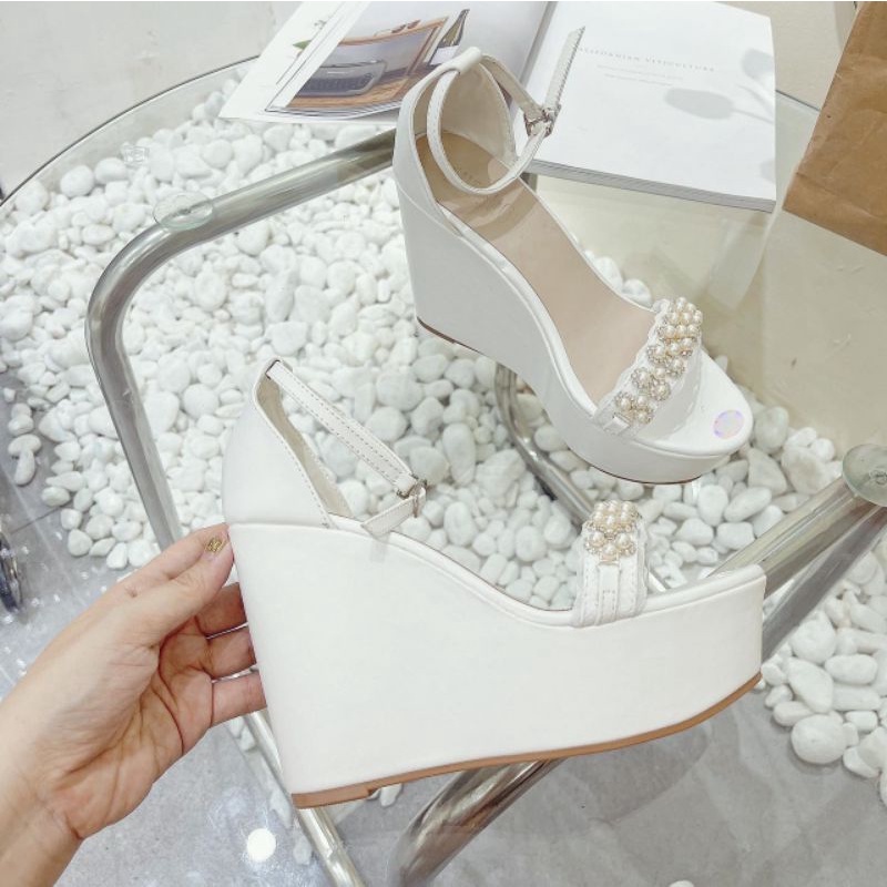Bộ sưu tập Giày cưới cô dâu đế Xuồng Cao 12cm cực phẩm siêu đẹp, Sandal trắng xuồng cao cấp hàng fullbox Letty shoes