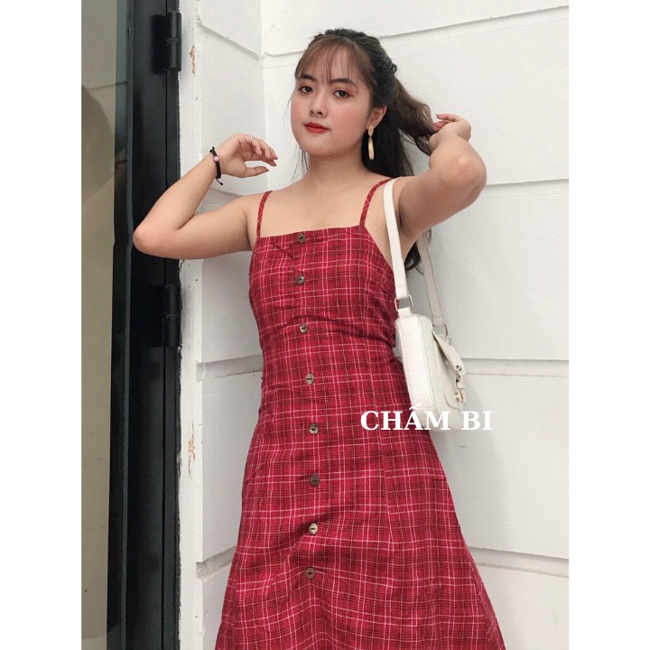 [Mã FAGREEN1505 giảm tới 30K đơn 99K] Đầm Xòe 2 Dây Kẻ Caro Đỏ Dáng Chữ A Hở Lưng Buộc Nơ Cực Xinh Freesize<52kg - V.009 | BigBuy360 - bigbuy360.vn