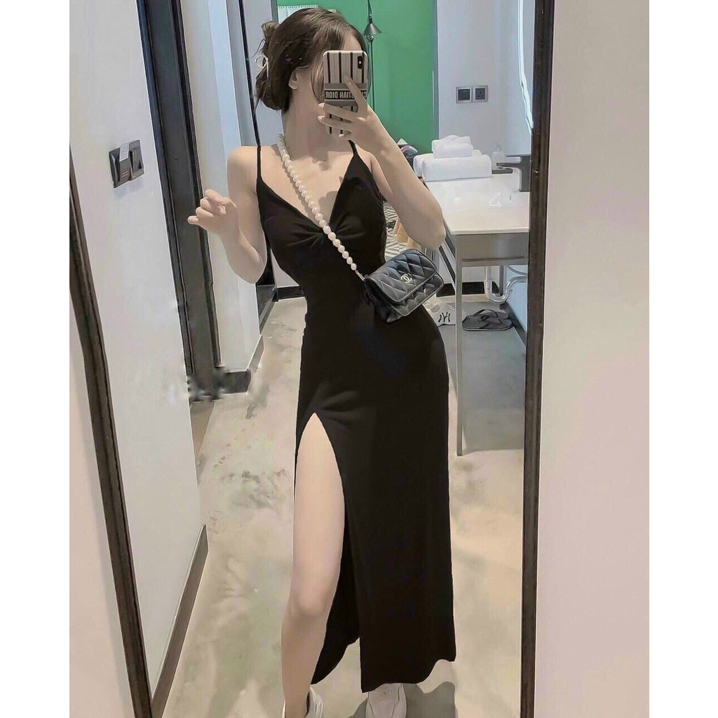 Váy đầm nữ ôm body, đầm thun đen 2 dây xoắn nơ ngực dáng dài xẻ tà sexy, đi chơi dạo phố tôn dáng