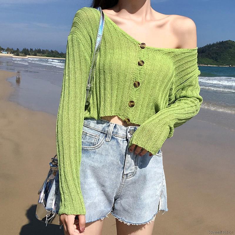 [Baywellfashion]Áo Cardigan dệt kim tay dài cổ chữ V chống ánh nắng mỏng | BigBuy360 - bigbuy360.vn