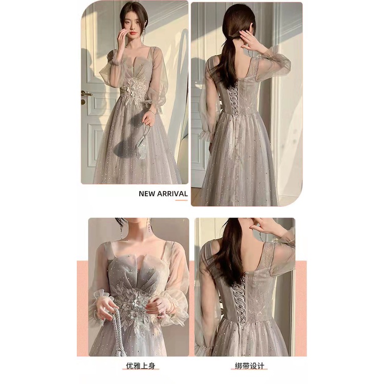 Đầm phù dâu dài tay màu xám xinh xắn thời trang xuân đông cho nữ