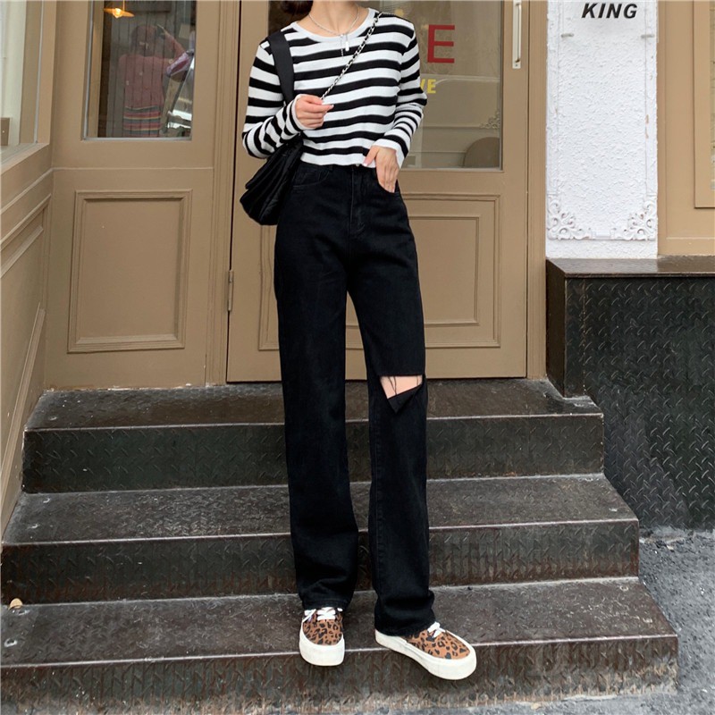 Quần jean dài thiết kế rách gối thời trang cho nữ