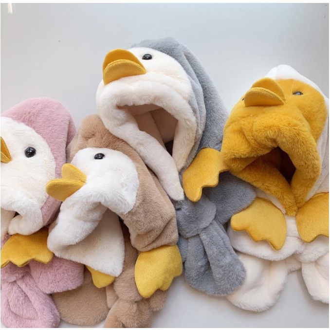 Mũ lông hình chú vịt con siêu ấm kèm khăn cho bé 1-4 tuổi