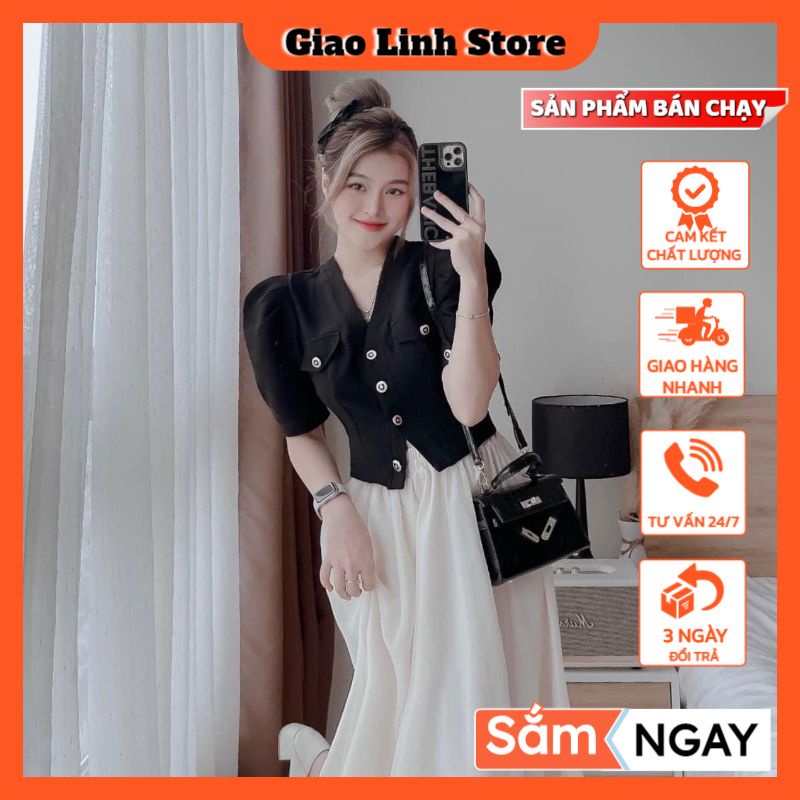 Set chân váy dài qua gối xòe chất tơ óng mix áo croptop dạ ngắn tay màu đen có khuynh nút bọc