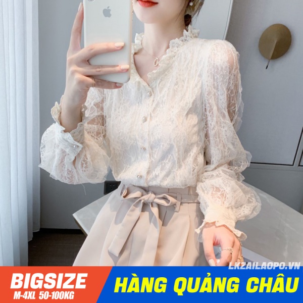 BIGSIZE nữ (45-70kg) Áo ren - Áo sơ mi kiểu ren đẹp cá tính tay dài cổ chữ v phối thêu họa tiết xinh xắn cho nữ - Phong cách Hàn Quốc - quảng châu cao cấp