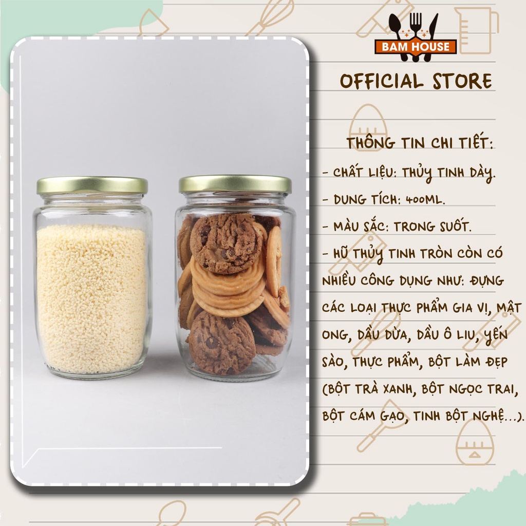 Hủ thủ tinh tròn 450ml Bam House có nắp nhôm giúp bảo quản gia vị và thực phẩm tốt cao cấp HT03 - Gia dụng bếp