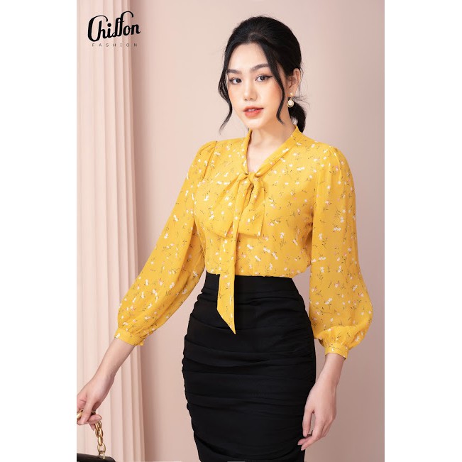 Chiffon_Áo sơ mi công sở hoa nhí nơ cổ