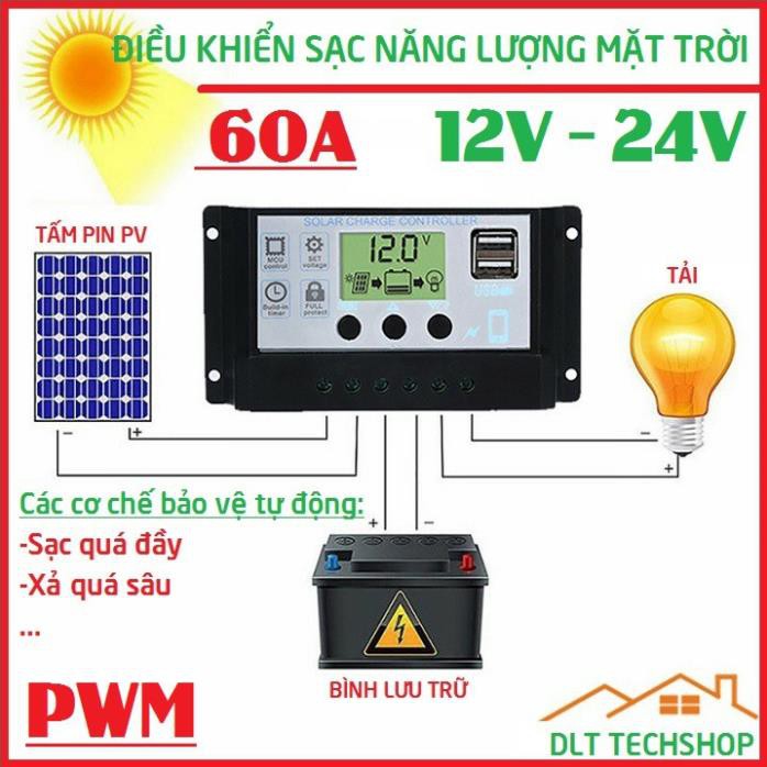 PWM Điều Khiển Tấm Pin Năng Lượng Mặt Trời 60A 12V-24V 2 cổng USB 5v-2A