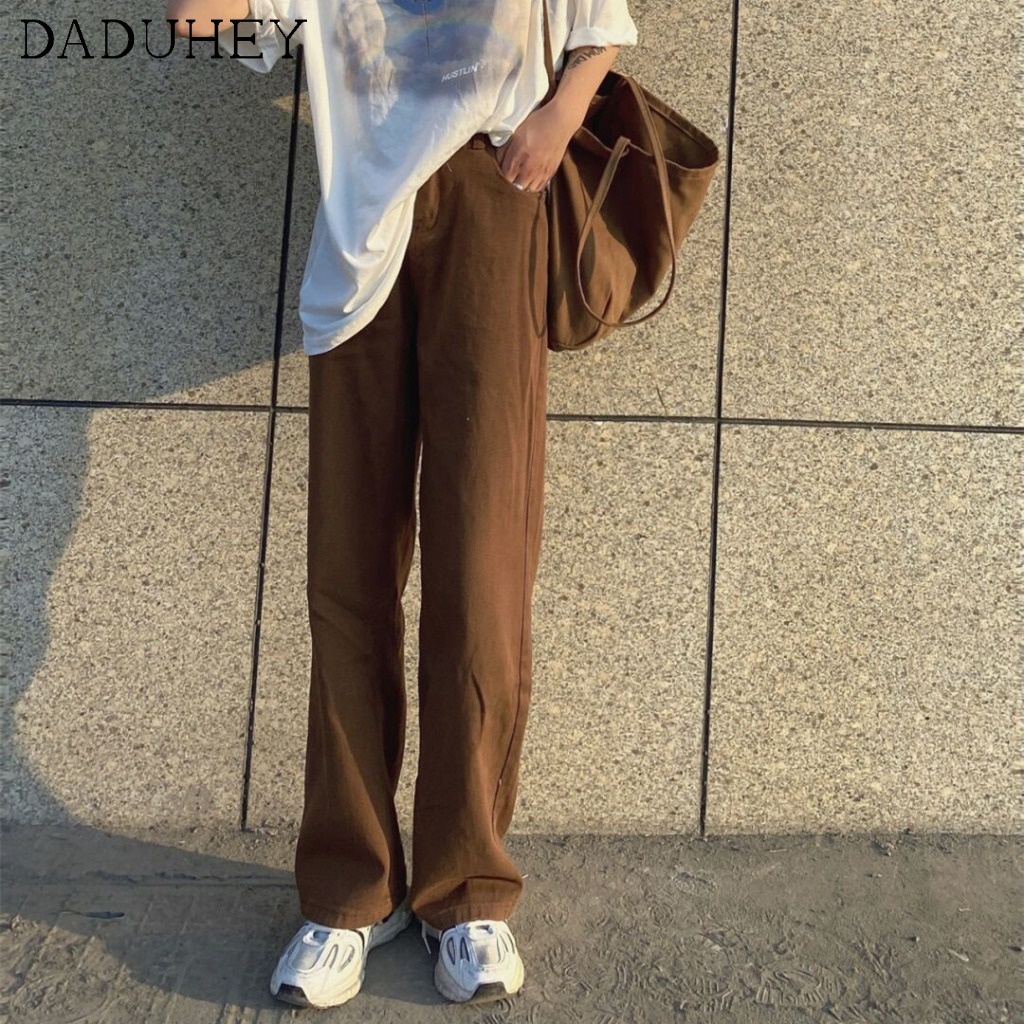 Daduhey Quần jean ống rộng lưng cao phong cách Hàn Quốc độc đáo cho nữ