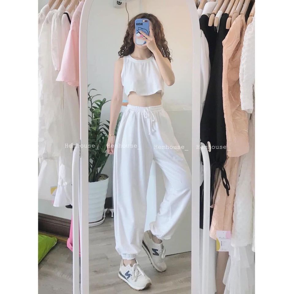 Sét bộ áo ba lỗ kèm quần ống boom thể thao hàn quốc mầu trắng cực xinh chất cottong co giãn mềm mịn -HER-1989