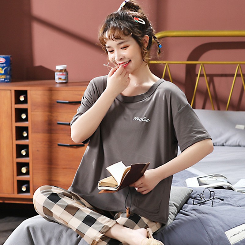 Bộ Ngủ, Set Mặc Nhà Cộc Dài Áo Trơn Quần Caro vải cotton thun sữa CDTT01