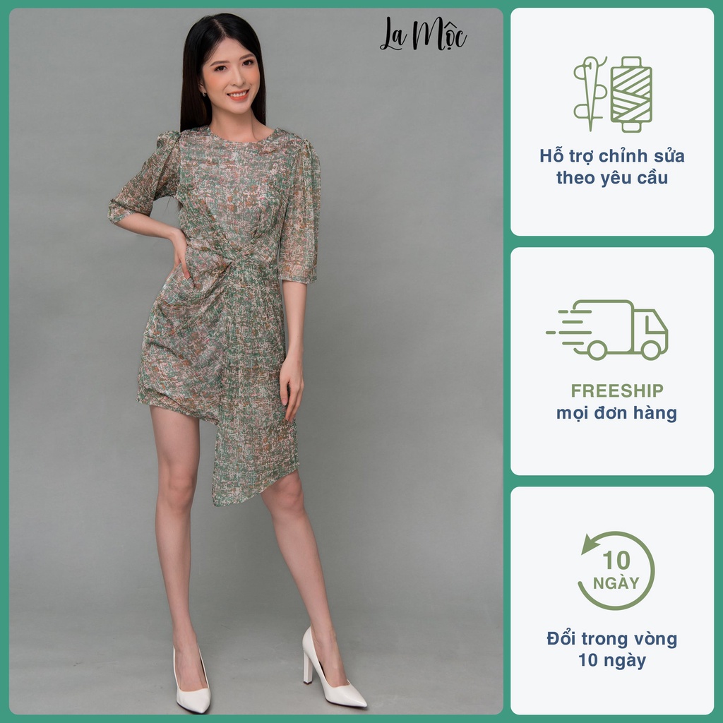 Đầm công sở nữ, váy thiết kế LA MỘC với họa tiết xanh, hồng xếp eo, chất liệu voan hoa hàn quốc